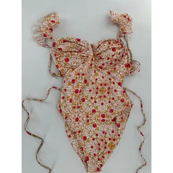REBECCA VALLANCE Swimsuit Size Large Catania Ruffled Waist Tie Floral One Piece​ - Picture 6 of 11